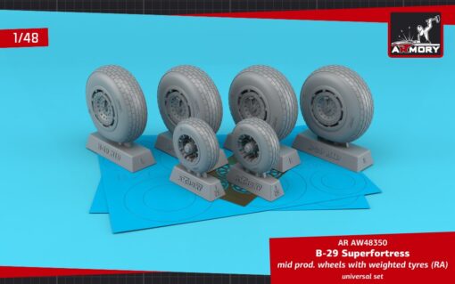 Armory 1/48 B-29 Superfortress mid production wheels w/ weighted tyres (RA) & PE hubcaps AR AW48350